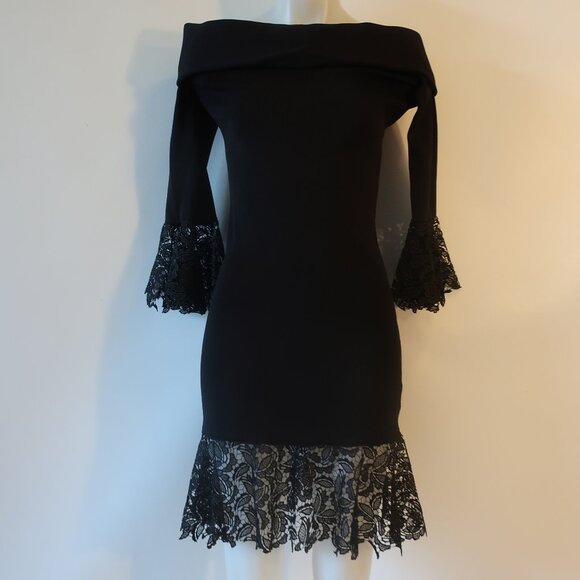 Women Sachin & Babi Black Crochet Lace Trim Peplum Off The Shoulder Dress M * - Picture 2 of 15